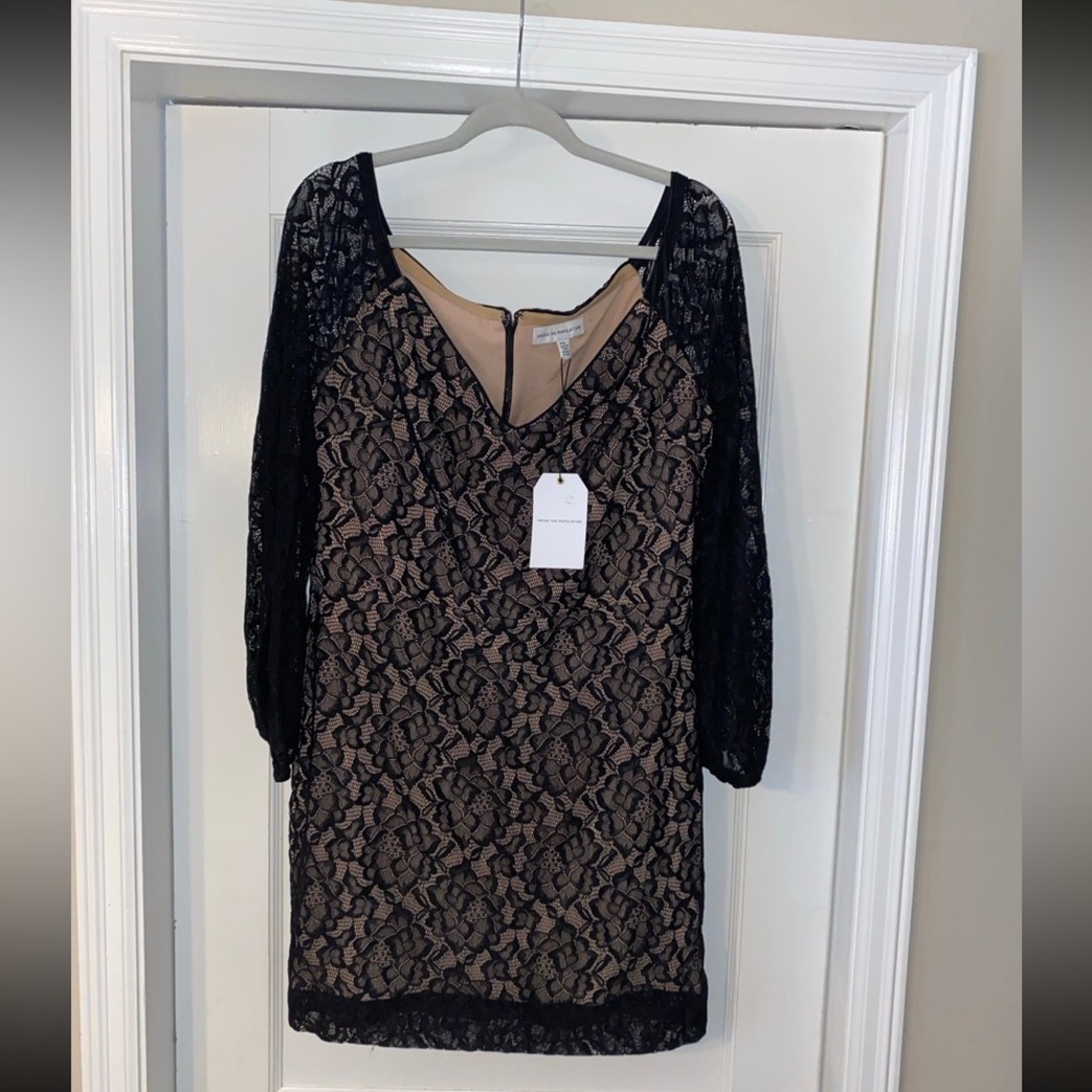 Dress the Population Black Lace Long-Sleeve Sheath Dress with Nude Lining